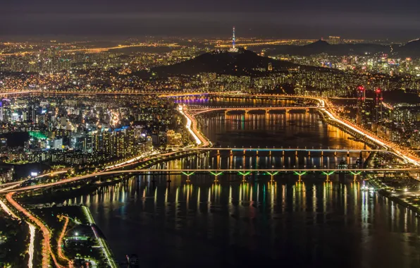 Ночь, город, огни, панорама, Сеул, Seoul