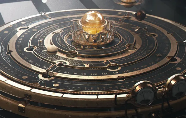 Шар, шкала, показатели, прибор, Steampunk Astrolabe Table with Ui