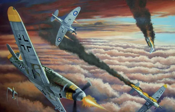 Картинка облака, дым, рисунок, бой, арт, Spitfire, bf-109, подбит