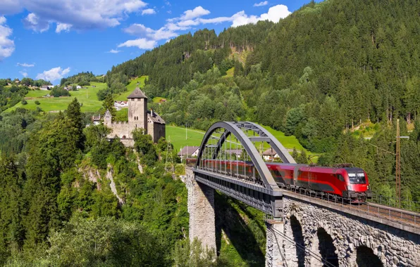 Картинка лес, мост, замок, поезд, Австрия, виадук, Austria, Тироль