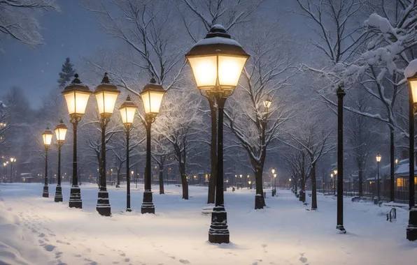 Картинка зима, снег, ночь, парк, улица, фонари, аллея, night