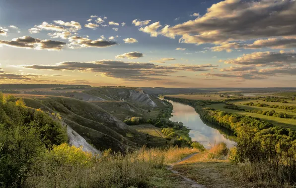 Картинка пейзаж, природа, река, скалы, вечер, Дон, Александр Березуцкий, Сторожевые скалы