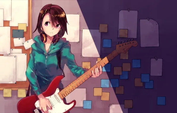 Картинка девушка, стена, гитара, аниме, арт, бумажки, hitomai