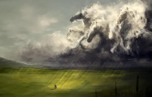 Картинка поле, девушка, облака, лучи, дождь, фигура, лошади, арт