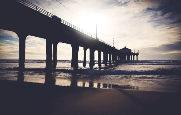 Beach, ocean, bridge, water, sand, dock