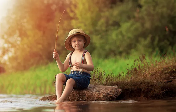 Картинка лето, природа, река, камень, рыбалка, рыбак, мальчик, ребёнок