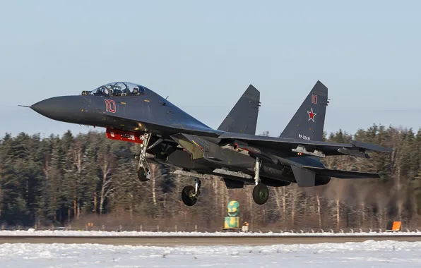 Картинка истребитель, аэродром, взлет, Су-35, реактивный, многоцелевой, сверхманевренный