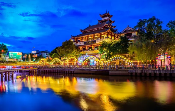 City, lights, river, night, Vietnam