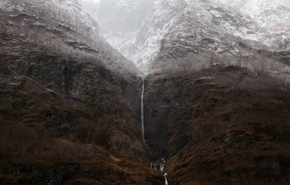 Rock, winter, mountains, snow, fog, waterfall, mist, cliff
