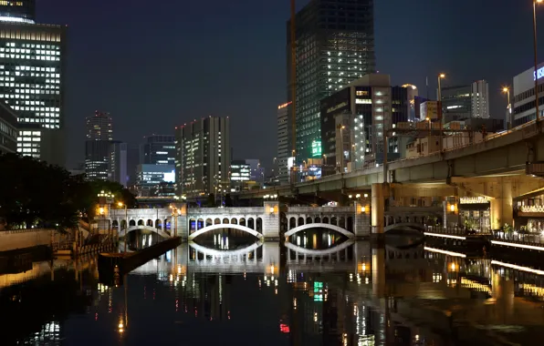 Картинка вода, ночь, мост, огни, отражение, дома, небоскребы, Япония