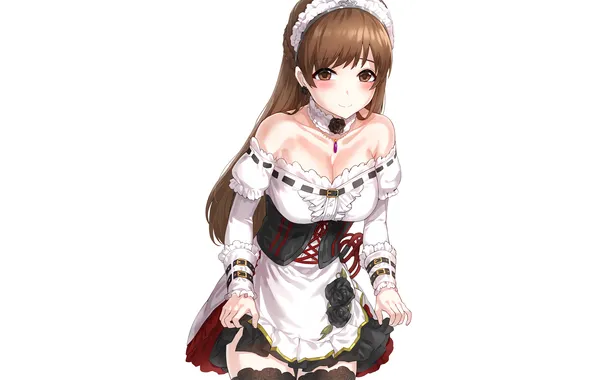 Girl, sexy, cleavage, thighhighs, long hair, dress, brown hair, brown eyes