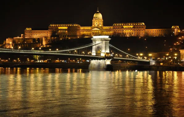 Ночь, мост, огни, река, дворец, Венгрия, Будапешт, Дунай
