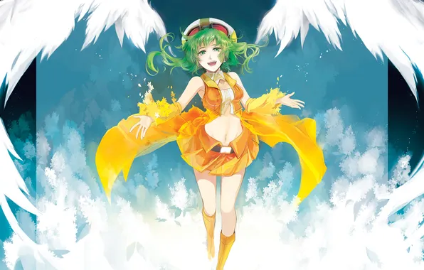 Девушка, крылья, Vocaloid, зеленые волосы, Gumi