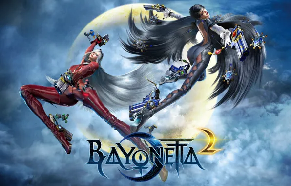 Девушки, Игра, Полет, Двое, Пистолеты, Bayonetta 2