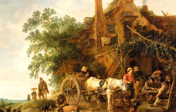 Картинка пейзаж, дерево, масло, картина, Исаак ван Остаде, Постоялый Двор с Запряжённой Лошадью