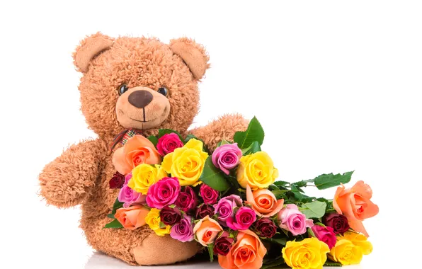 Розы, colorful, мишка, bear, flowers, roses, with love, Teddy