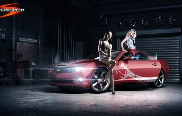 Картинка машина, красный, девушки, юбка, змея, гараж, Chevrolet, лого