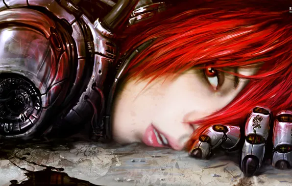 Картинка робот, рыжая, киборг, красные глаза, экзоскелет, оторванная рука