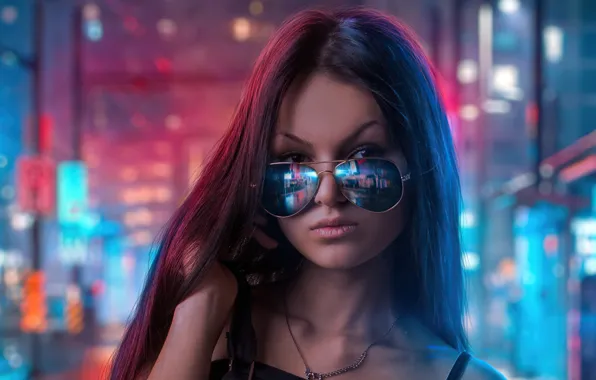 Girl, model, neon, sunglasses