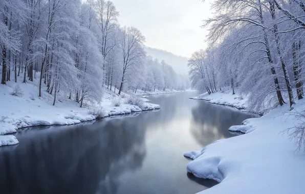 Картинка зима, лес, снег, деревья, река, елки, forest, river