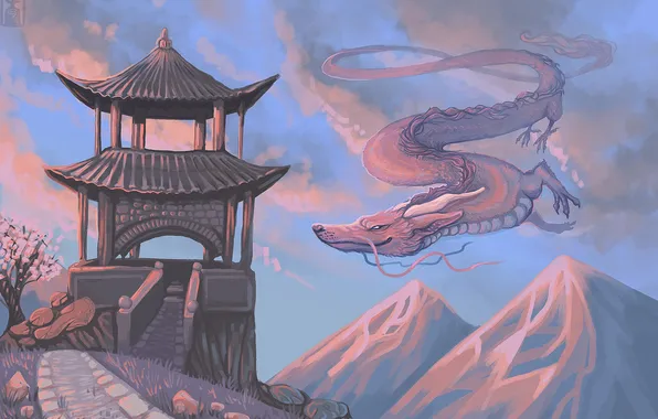Полет, горы, дракон, арт, Китай