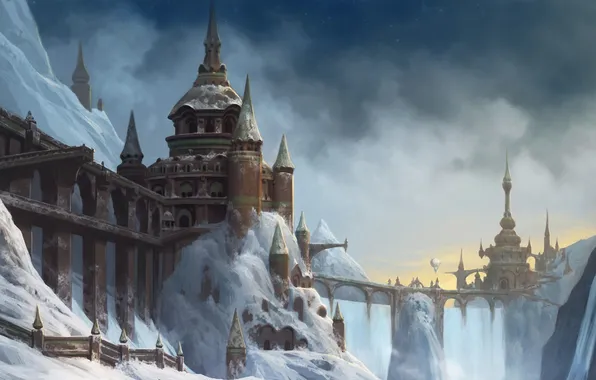 Картинка снег, горы, город, арт, водопады