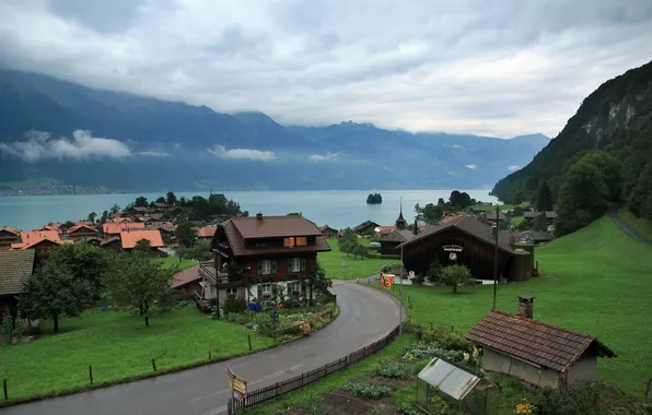 Природа, озеро, дома, Швейцария, красота., Деревенька
