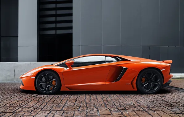 Оранжевый, здание, брусчатка, профиль, lamborghini, orange, aventador, lp700-4