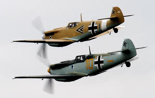 Картинка небо, истребители, пара, самолёты, WW2, немецкие, Мессершмитты Bf.109
