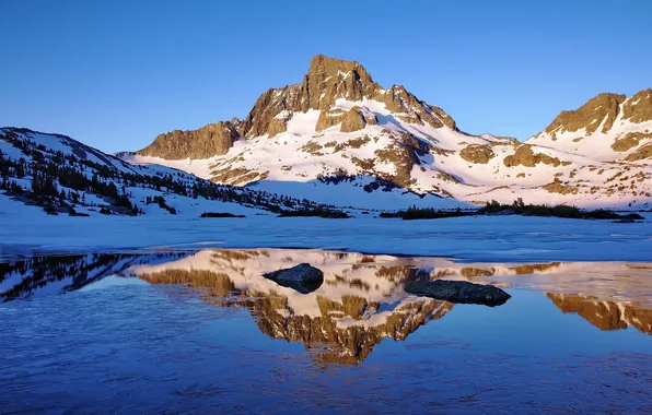 Картинка снег, горы, озеро, отражение, Пейзаж
