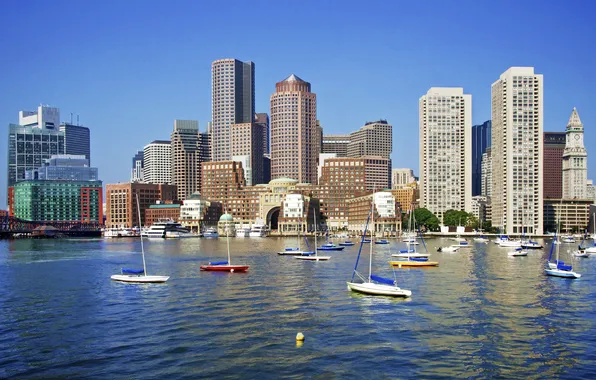 Река, дома, небоскребы, лодки, США, Boston