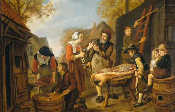 Масло, картина, холст, жанровая, Ян Викторс, Убой Свиней