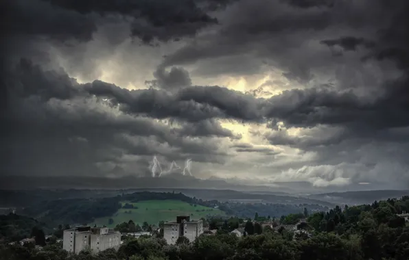 Storm, lightning, village