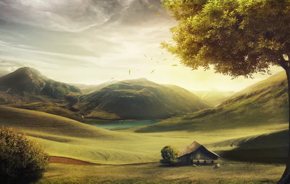 Горы, дом, дерево, холмы, рисунок, овцы, Англия, Danil Kartashev