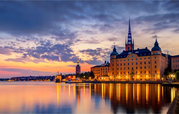 Озеро, здания, дома, Стокгольм, Швеция, ночной город, Sweden, Stockholm