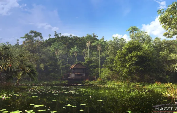 Озеро, берег, растительность, строение, the cabin