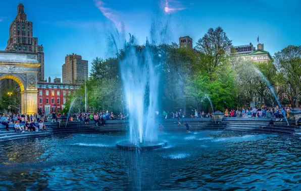 Арка, фонтан, США, Нью- Йорк, Вашингтон-Сквер-парк