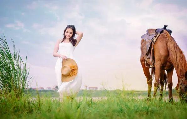 Картинка поле, трава, лицо, конь, лошадь, платье, прогулка, азиатка