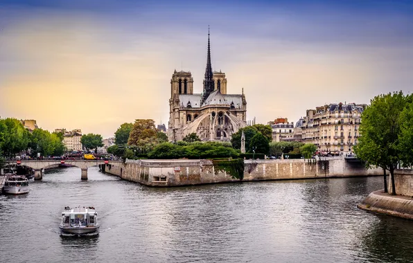 Картинка река, Франция, Париж, Сена, кораблик, собор парижской богоматери
