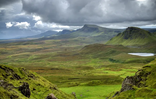 Green, grass, mountains, view, clouds, rocks, Scotland