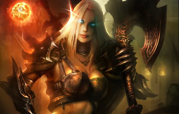 Картинка девушка, оружие, магия, череп, доспехи, WoW, World of Warcraft, эльфийка