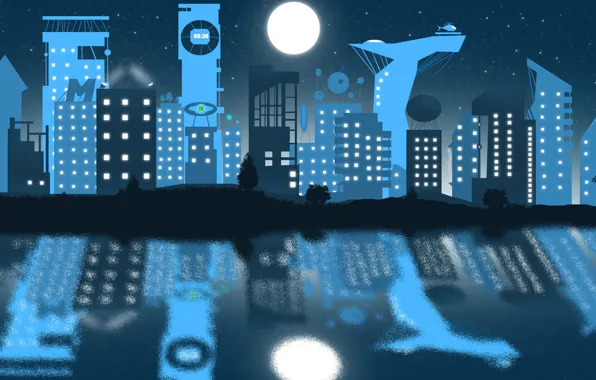 Город, будущее, река, фантастика, технологии, ночной город, эволюция, hi-tech