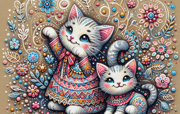 Кошка, кошки, котенок, узоры, киски, стилизация, котята, парочка