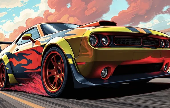 Car, dodge challenger, road, machine