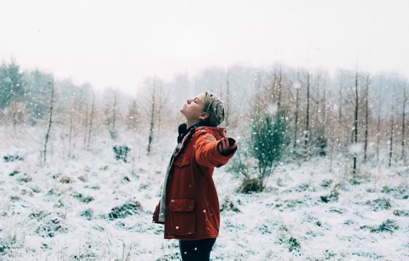 Girl, forest, snow, morning, sunrise, snowy, woodland, snowing