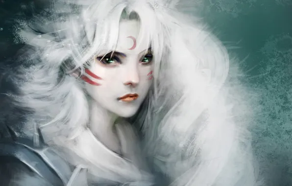 Картинка девушка, месяц, арт, белые волосы, sesshomaru, inuyasha, crazy cat, girl version