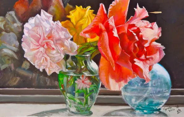 Картинка солнце, цветы, розы, букет, окно, арт, ваза
