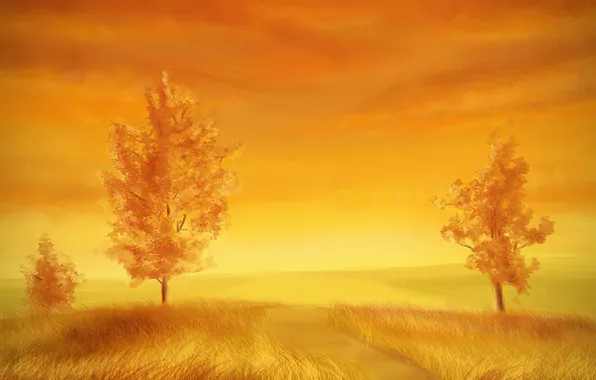 Картинка осень, трава, деревья, желтый, природа, арт