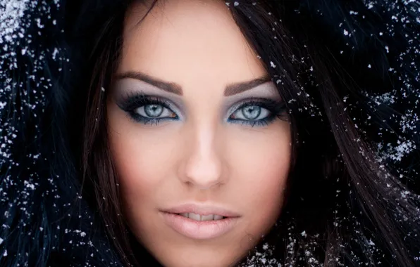 Зима, глаза, взгляд, девушка, снег, лицо, ресницы, макияж