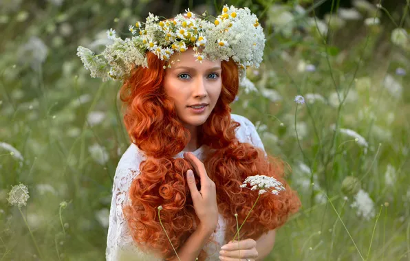 Взгляд, девушка, лицо, портрет, ромашки, макияж, рыжая, кудри